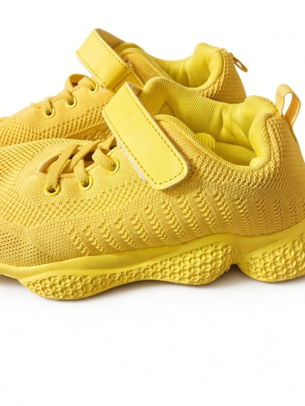 Kids Bright Yellow Knit Sneakers with Hook-and-Loop Strap